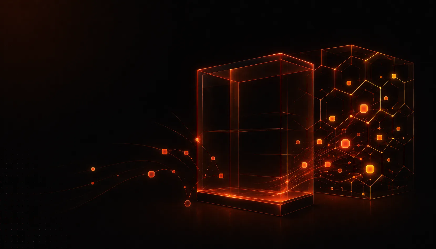 Vitrine vazia rejeitando tokens enquanto framework hexagonal acolhe — visualização do contraste entre ostentar e ensinar