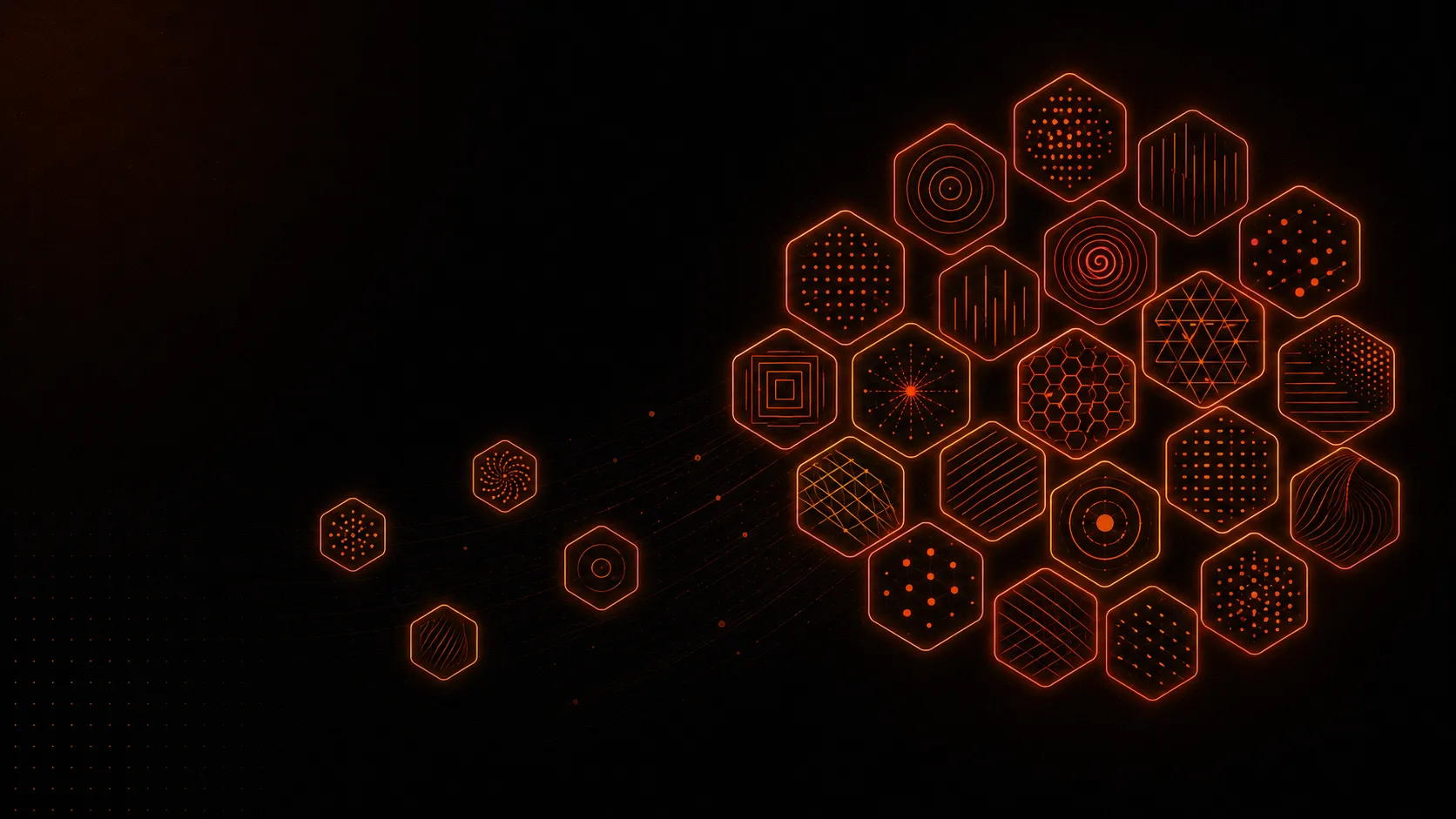 Mosaico de hexágonos coral com padrões geométricos internos únicos — visualização da diversidade de saberes acolhidos