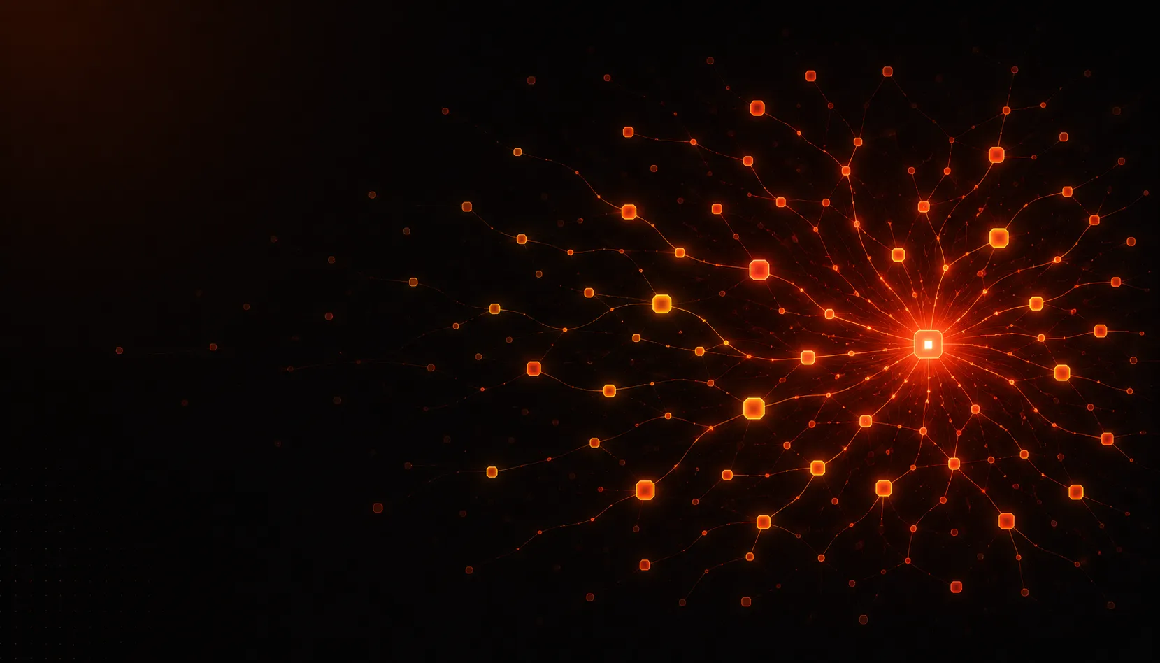 Mapa sináptico — rede neural radial expandindo a partir de um ponto coral central, visualizando a multiplicação do conhecimento